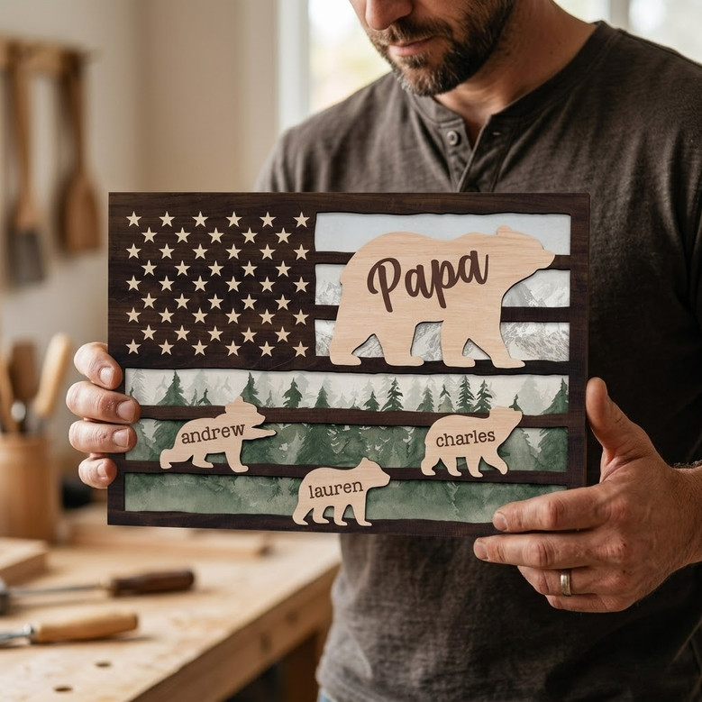 Papa Bear Wood Sign - Custom 3D Engraved Names Gift for Dad