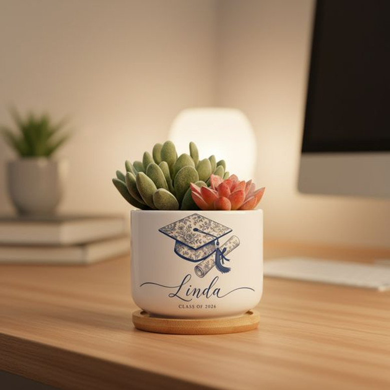 Personalized Graduation Ceramic Plant Pot with Floral Pattern