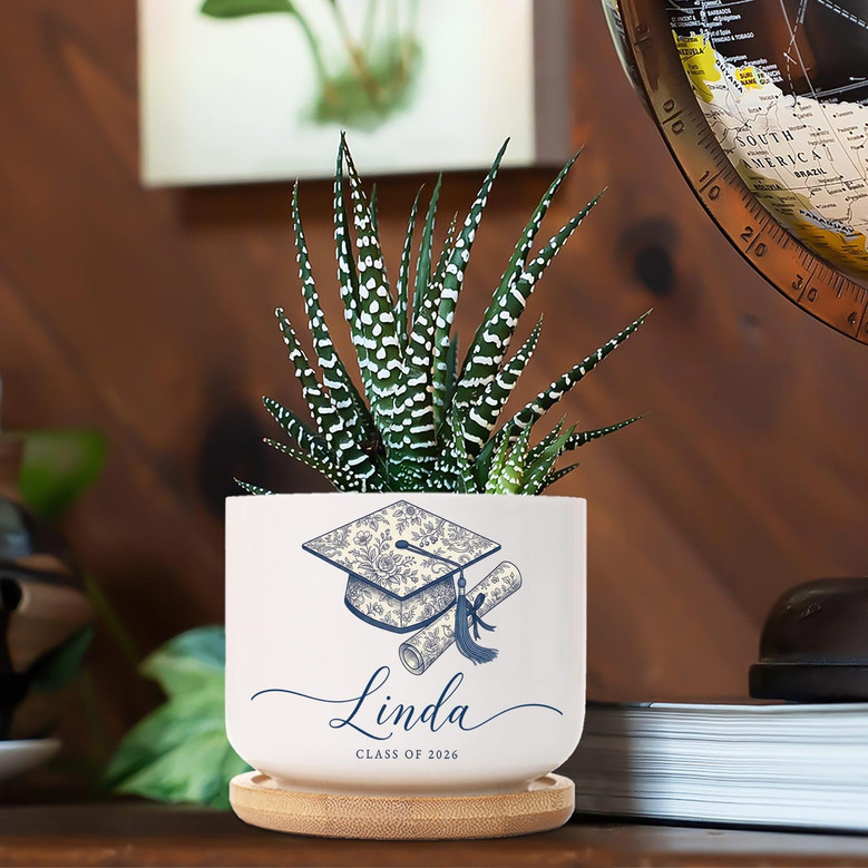 Personalized Graduation Ceramic Plant Pot with Floral Pattern