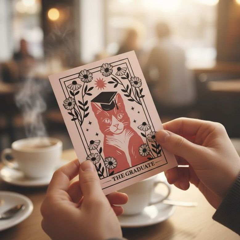 Unique Tarot Cat Greeting Card for a Special Graduate