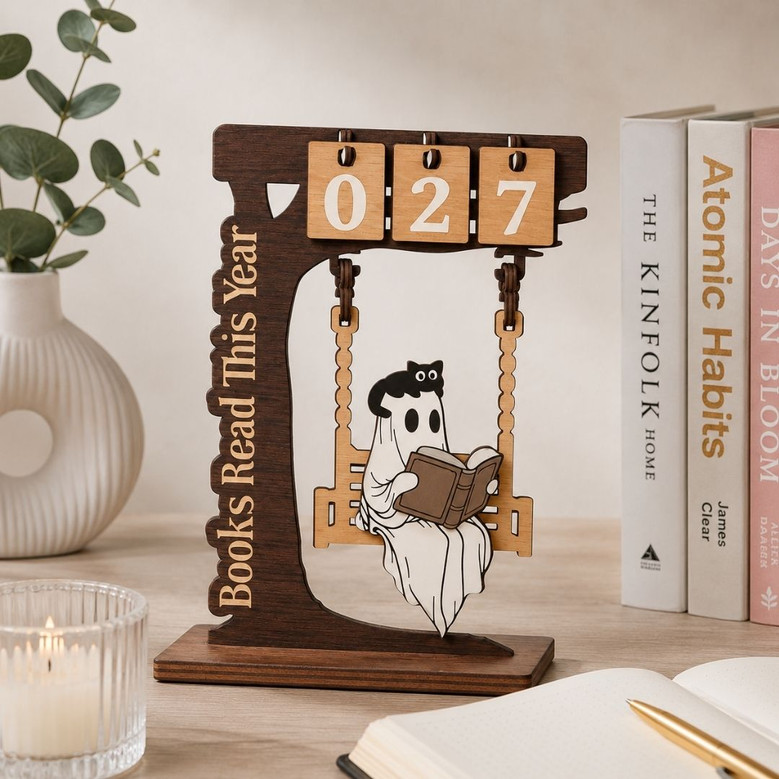 Wooden Ghost Book Read Tracker - Spooky Books Read This Year Decor