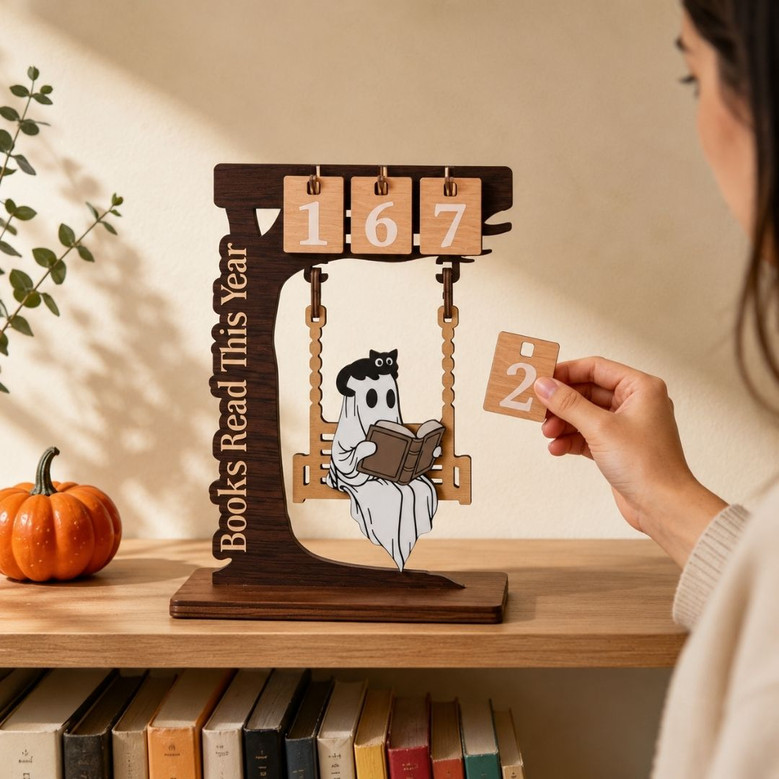 Wooden Ghost Book Read Tracker - Spooky Books Read This Year Decor