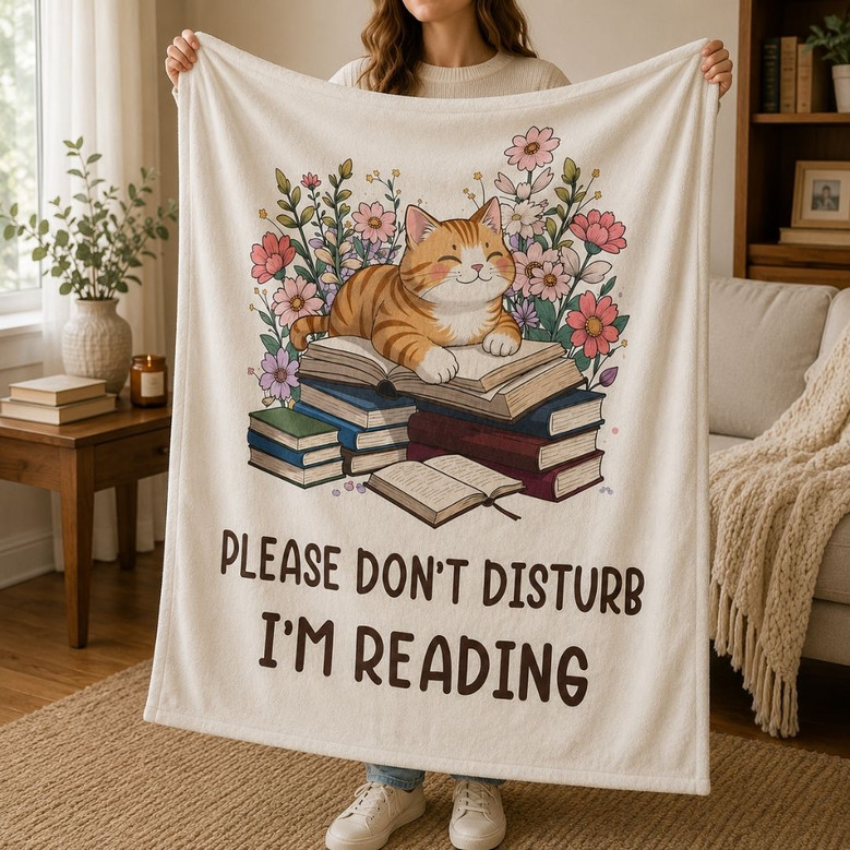 Cat Book Lover Blanket - Reading Gift for Teachers & Readers
