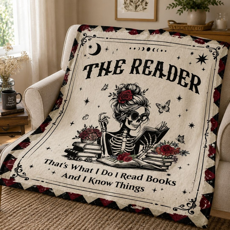 Gothic Book Lover Blanket - Skeleton Reading Gift for Readers