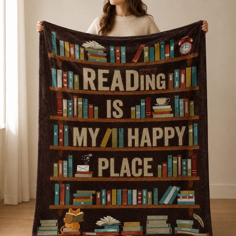 Reading Is My Happy Place Blanket - Literary Gift for Readers