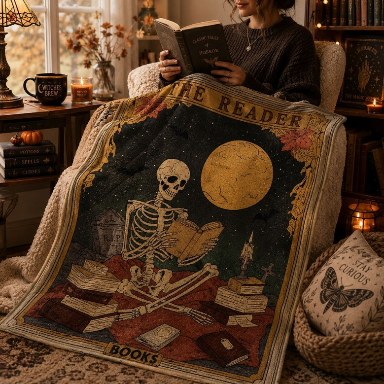 Skeleton Reading Blanket - Gothic Book Lover Gift for Readers