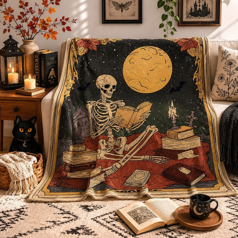 Skeleton Reading Blanket - Gothic Book Lover Gift for Readers