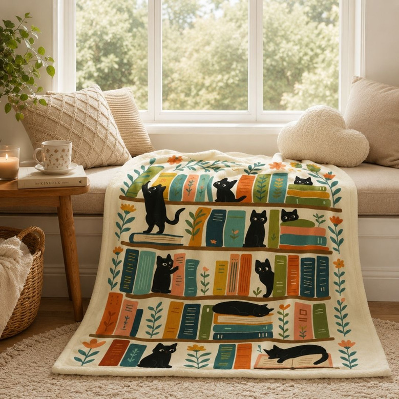 Vintage Cat Book Blanket - Library Gift for Book Lovers