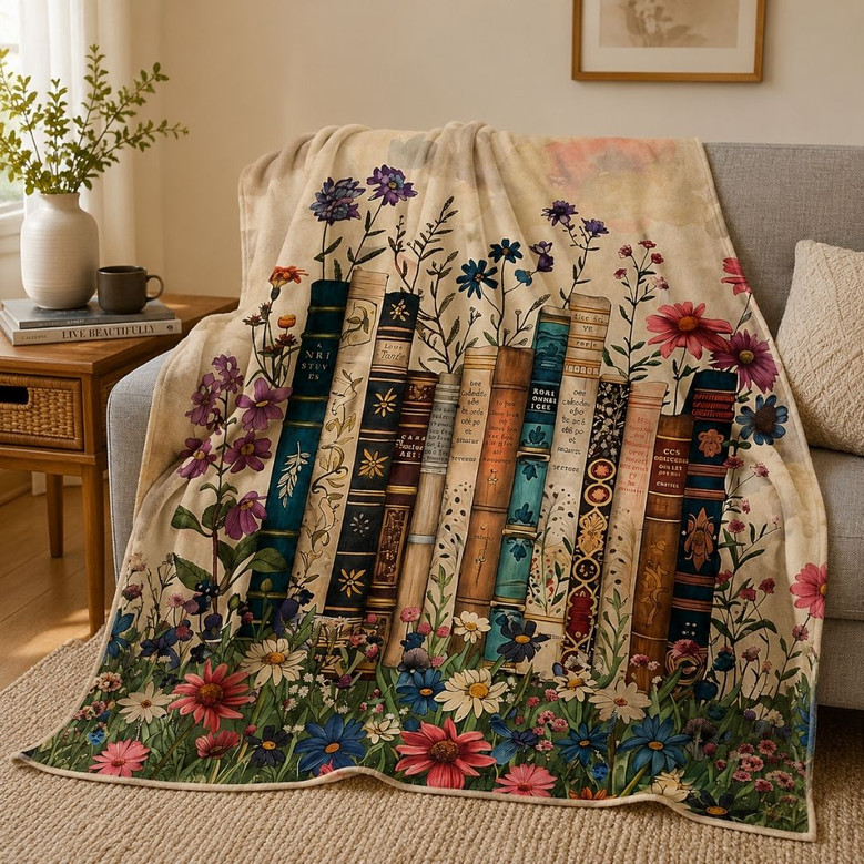 Vintage Floral Book Blanket - Retro Reader Gift for Women