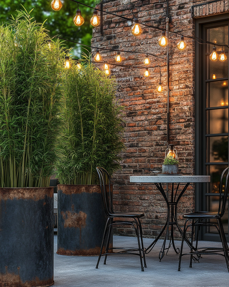 Industrial exterior with galvanized steel planters holding tall green plants, a black metal bistro set with a concrete top, and string lights with exposed Edison bulbs draped over a patio.