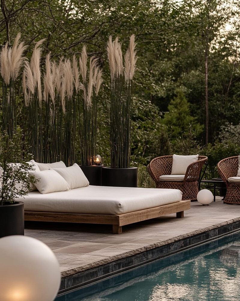 A Scandinavian poolside area featuring a large reclaimed teak daybed with cream linen cushions, oversized woven rattan armchairs, and matte black metal planters with tall Horsetail Reed plants, all under the soft glow of spherical outdoor lanterns. A Scandinavian poolside area featuring a large reclaimed teak daybed with cream linen cushions, oversized woven rattan armchairs, and matte black metal planters with tall Horsetail Reed plants, all under the soft glow of spherical outdoor lanterns.