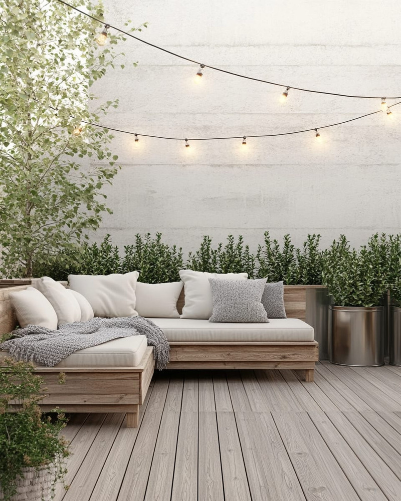 A serene Scandinavian deck with light-toned wooden flooring, a low-profile wooden lounge set with off-white cushions and a chunky knit grey wool throw, minimalist galvanized steel planters with evergreens, and soft string lights overhead. A serene Scandinavian deck with light-toned wooden flooring, a low-profile wooden lounge set with off-white cushions and a chunky knit grey wool throw, minimalist galvanized steel planters with evergreens, and soft string lights overhead.