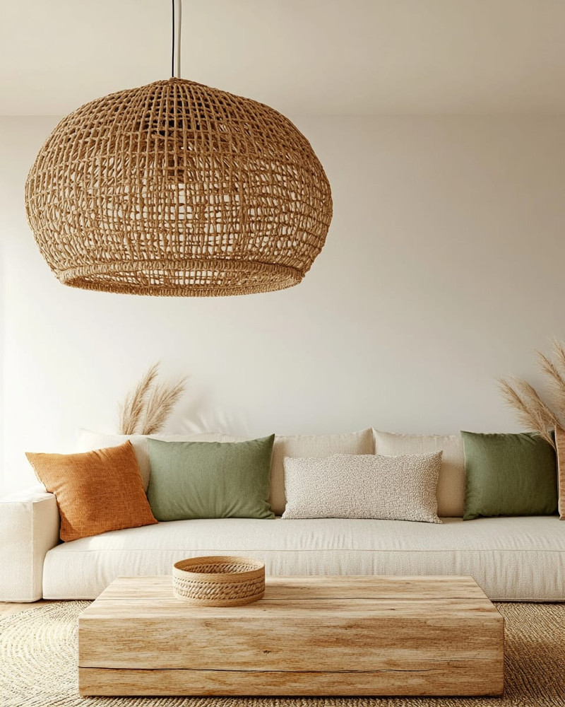 A boho poolhouse interior with a large woven rattan pendant light, a cream sofa with textured cushions, and a natural wood coffee table. Soft, diffused lighting creates a serene atmosphere, complemented by muted terracotta and sage green accents. A boho poolhouse interior with a large woven rattan pendant light, a cream sofa with textured cushions, and a natural wood coffee table. Soft, diffused lighting creates a serene atmosphere, complemented by muted terracotta and sage green accents.