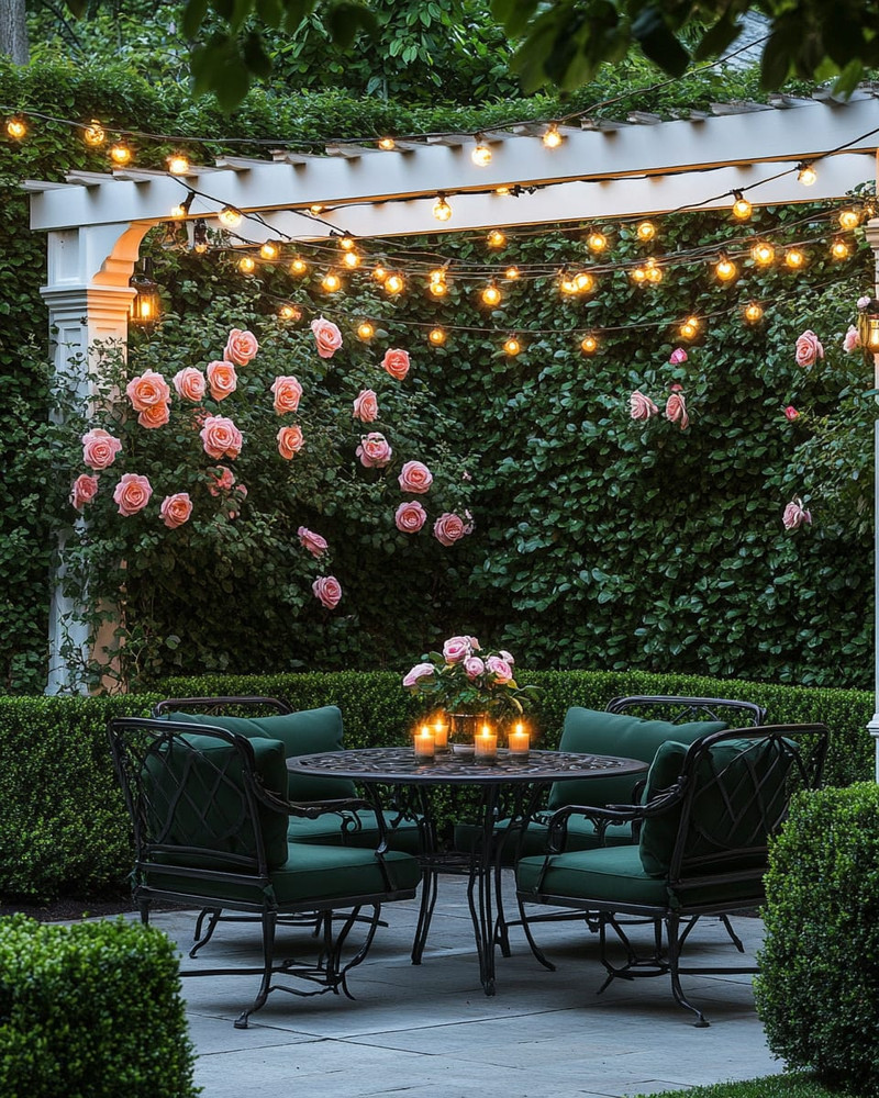 A traditional backyard patio area featuring a wrought iron dining set with dark green cushions, surrounded by lush green boxwood hedges and climbing pink roses on a white trellis, all illuminated by warm string lights overhead. A traditional backyard patio area featuring a wrought iron dining set with dark green cushions, surrounded by lush green boxwood hedges and climbing pink roses on a white trellis, all illuminated by warm string lights overhead.