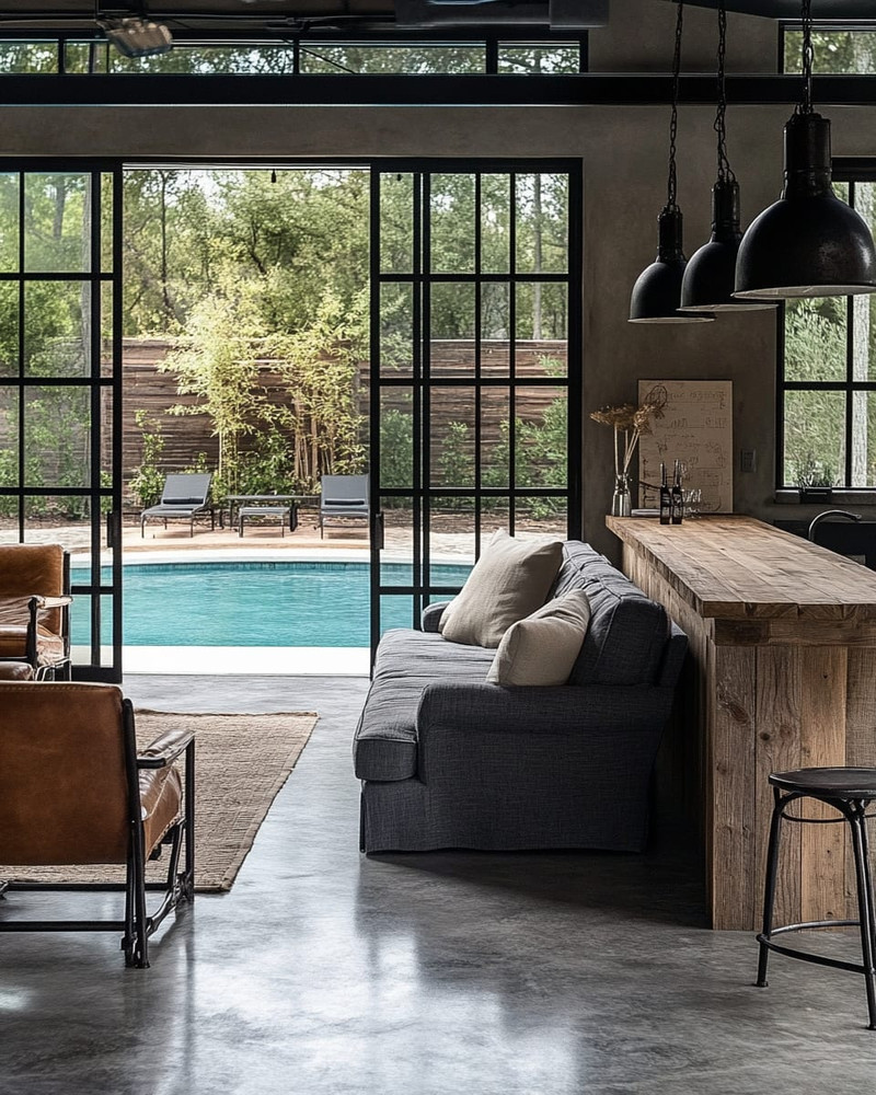 Industrial poolhouse interior featuring polished concrete floors, a reclaimed wood bar, and black steel framed windows looking out to a pool. A charcoal linen sofa, vintage leather armchairs, and matte black industrial pendant lights create a vintage-modern fusion.