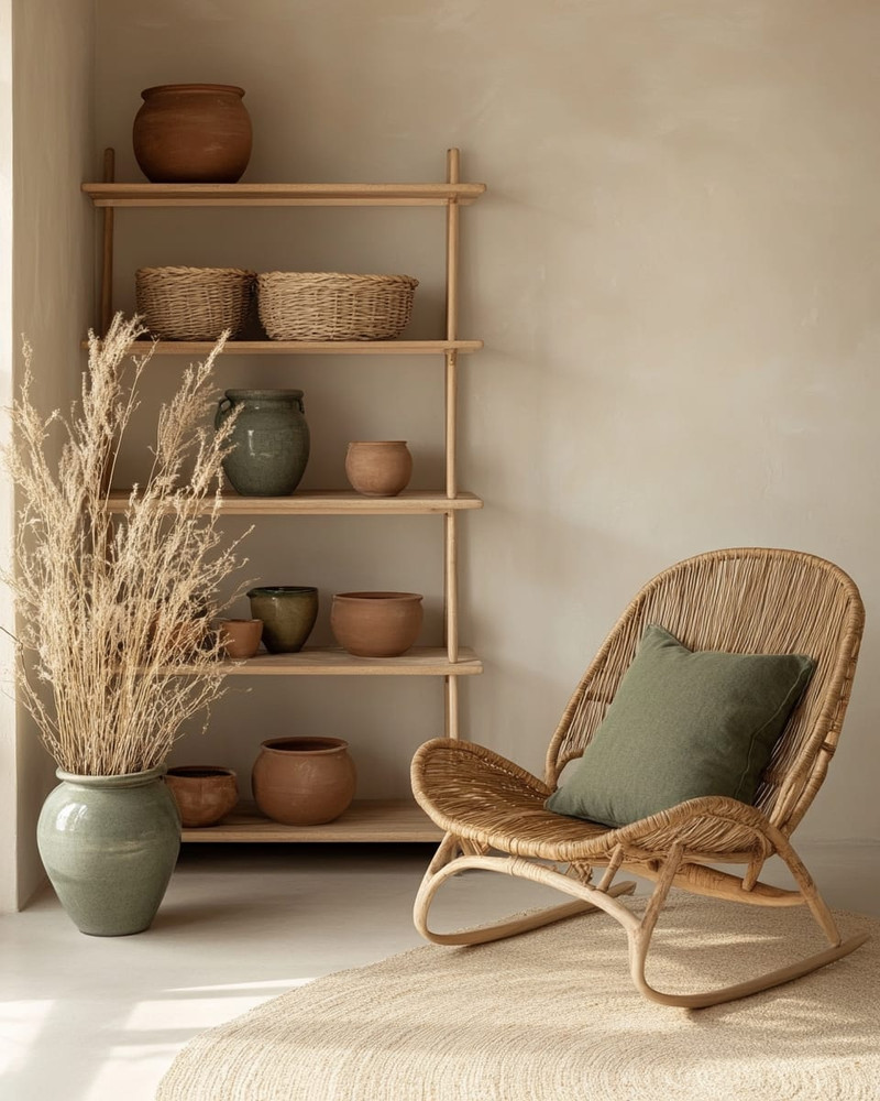 A calm boho garage interior with warm off-white walls, light oak shelving, a natural rattan chair, and muted sage green and terracotta accents in ceramic planters, all bathed in soft, warm light. A calm boho garage interior with warm off-white walls, light oak shelving, a natural rattan chair, and muted sage green and terracotta accents in ceramic planters, all bathed in soft, warm light.