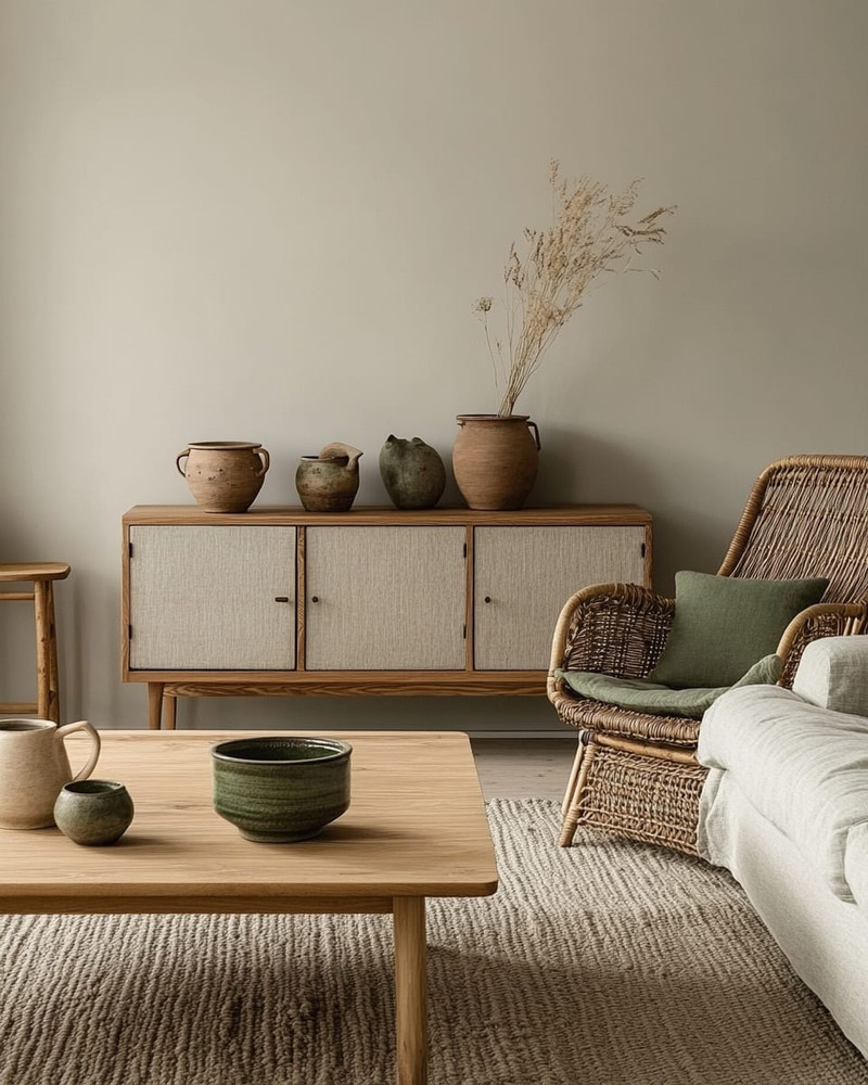 A Scandinavian Craft living room blending vintage and modern, featuring a light oak coffee table, a mid-century teak sideboard, a contemporary sofa in a light grey linen, and a woven rattan armchair, accented with handmade pottery and muted green textiles.
