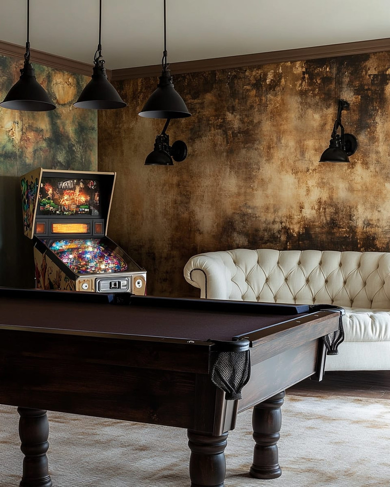 Farmhouse game room with a dark wood billiard table, a cream linen Chesterfield sofa, matte black metal lighting fixtures, and a vintage pinball machine against a wall painted in 'Swiss Coffee'.