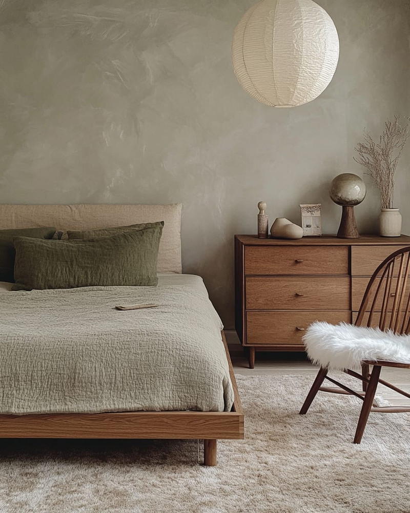 A Japandi bedroom blending vintage and modern, featuring a low oak bed, a mid-century modern teak dresser, a modern rice paper pendant light, and a vintage spindle-back chair with a sheepskin throw, all in muted tones of soft grey, beige, and sage green. A Japandi bedroom blending vintage and modern, featuring a low oak bed, a mid-century modern teak dresser, a modern rice paper pendant light, and a vintage spindle-back chair with a sheepskin throw, all in muted tones of soft grey, beige, and sage green.