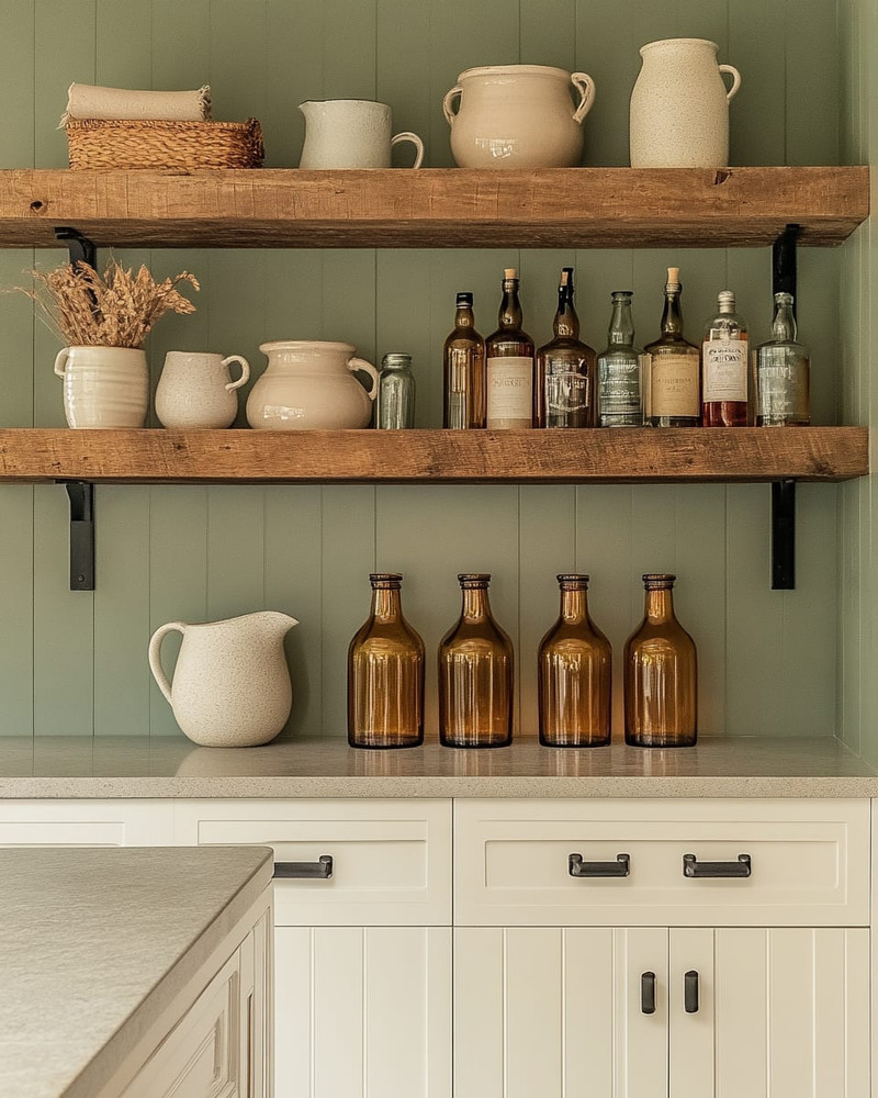 Calm farmhouse home bar featuring warm white shaker cabinets, a honed light grey soapstone countertop, and open reclaimed wood shelving. Amber glass bottles, ceramic pitchers, and matte black hardware complement the serene sage green accent wall. Calm farmhouse home bar featuring warm white shaker cabinets, a honed light grey soapstone countertop, and open reclaimed wood shelving. Amber glass bottles, ceramic pitchers, and matte black hardware complement the serene sage green accent wall.