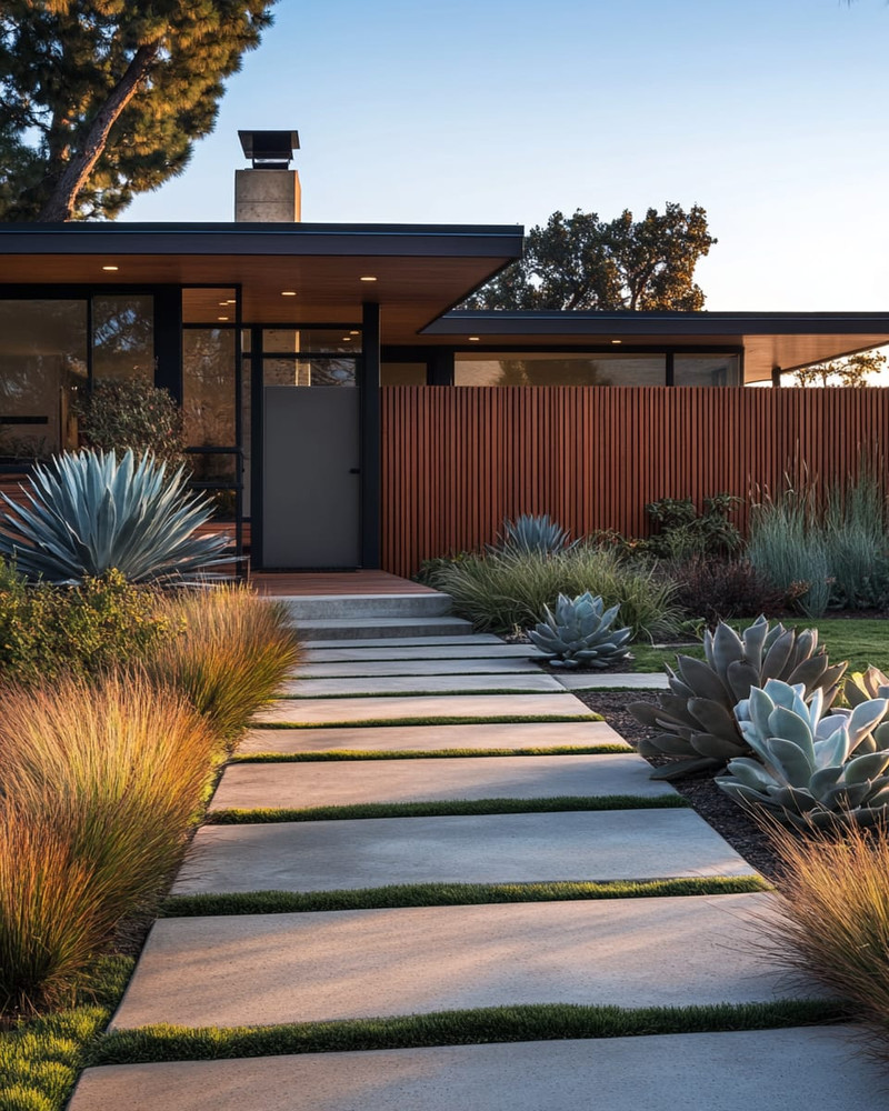 A Mid-Century Modern front yard featuring large rectangular concrete pavers, an array of sculptural succulents and ornamental grasses, and a low redwood privacy screen, all bathed in warm afternoon light. A Mid-Century Modern front yard featuring large rectangular concrete pavers, an array of sculptural succulents and ornamental grasses, and a low redwood privacy screen, all bathed in warm afternoon light.