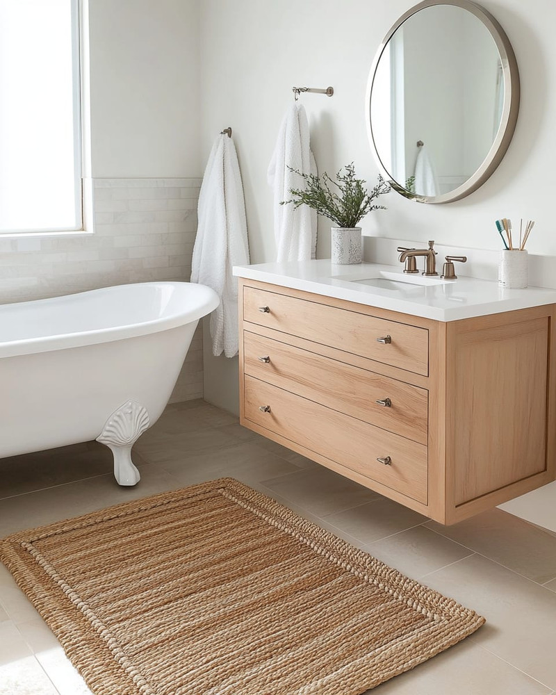 A vintage modern coastal bathroom featuring a white clawfoot tub, a light oak floating vanity, and a round frameless mirror, accented with polished nickel fixtures and a jute bath mat. A vintage modern coastal bathroom featuring a white clawfoot tub, a light oak floating vanity, and a round frameless mirror, accented with polished nickel fixtures and a jute bath mat.