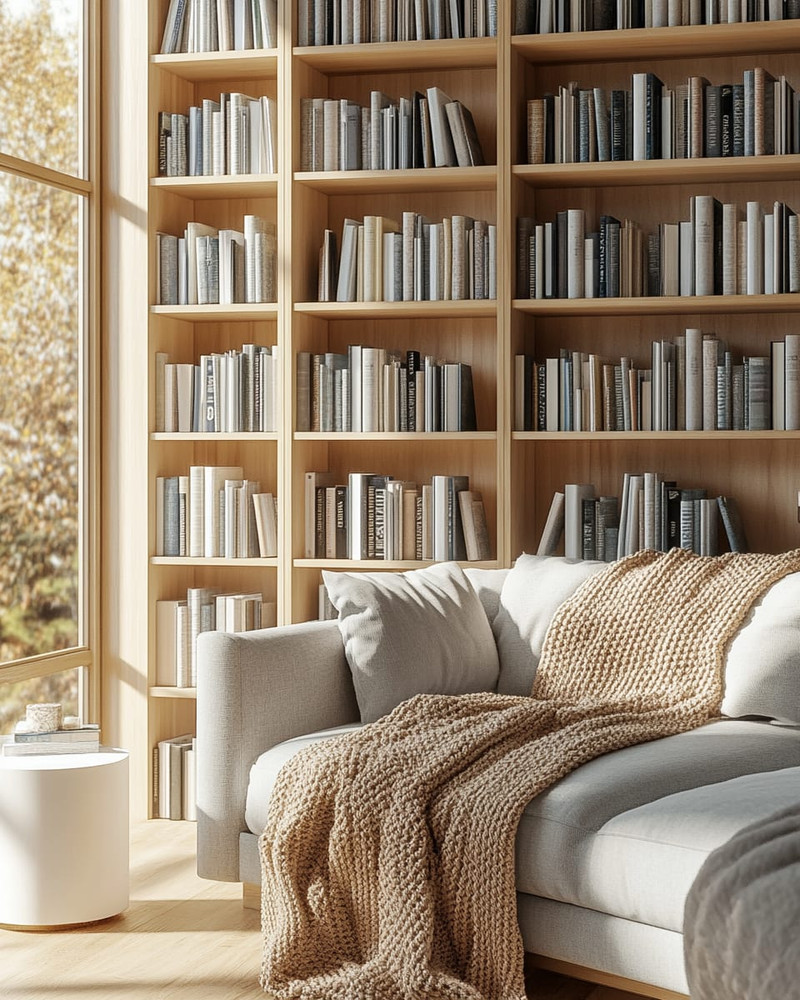 A bright Scandinavian library featuring light oak bookshelves filled with diverse books, a comfortable grey fabric sofa with a beige knit throw, a minimalist white side table, and a large window letting in natural light. A bright Scandinavian library featuring light oak bookshelves filled with diverse books, a comfortable grey fabric sofa with a beige knit throw, a minimalist white side table, and a large window letting in natural light.