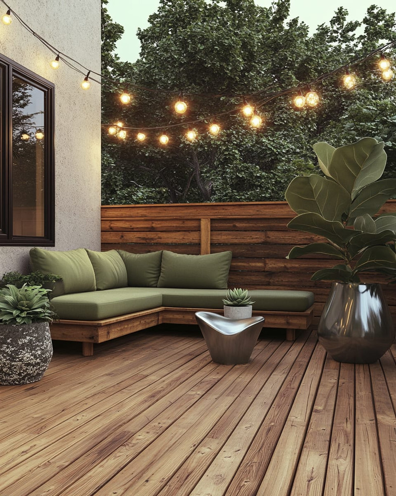 A budget-friendly Mid-Century Modern deck featuring stained pine decking, a low-slung sofa with olive green cushions, and a kidney-shaped side table. Fiberglass planters hold architectural succulents and a large fiddle-leaf fig, all under string lights with exposed bulbs. A budget-friendly Mid-Century Modern deck featuring stained pine decking, a low-slung sofa with olive green cushions, and a kidney-shaped side table. Fiberglass planters hold architectural succulents and a large fiddle-leaf fig, all under string lights with exposed bulbs.