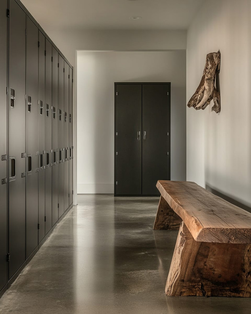Minimalist industrial mudroom with matte black steel lockers, a polished concrete floor, and a reclaimed oak bench, illuminated by natural light. Minimalist industrial mudroom with matte black steel lockers, a polished concrete floor, and a reclaimed oak bench, illuminated by natural light.