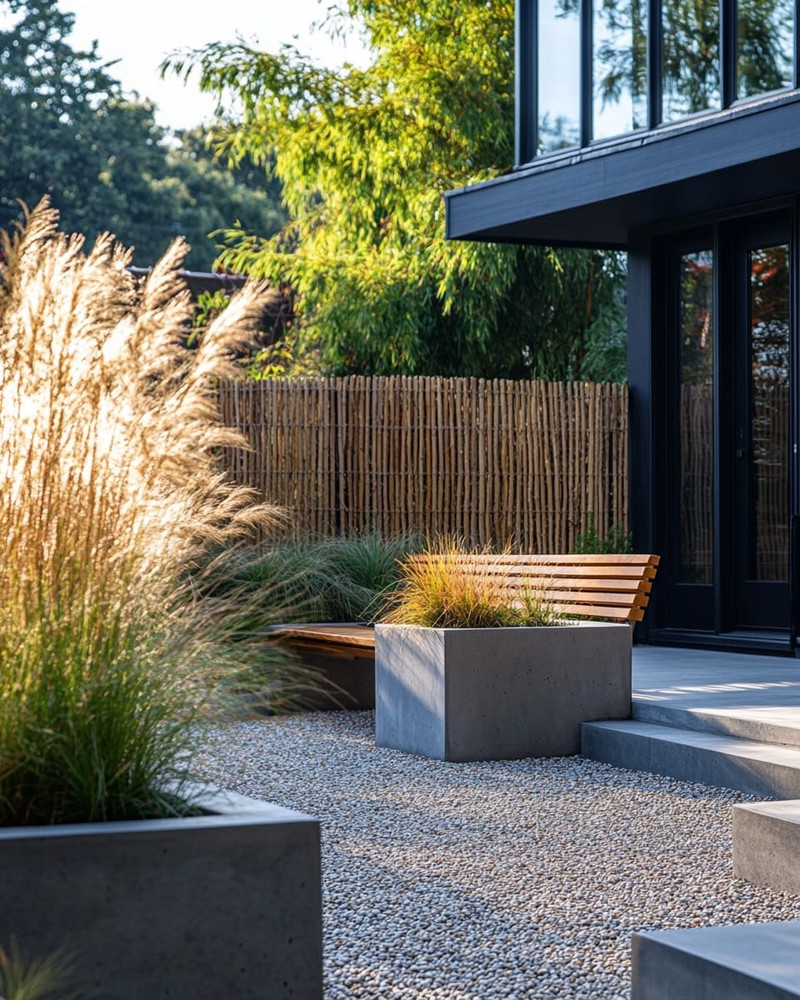 A Scandinavian front yard featuring a pea gravel path, large concrete planters with ornamental grasses, a low woven willow fence, and a slatted wooden bench by the matte black front door. A Scandinavian front yard featuring a pea gravel path, large concrete planters with ornamental grasses, a low woven willow fence, and a slatted wooden bench by the matte black front door.