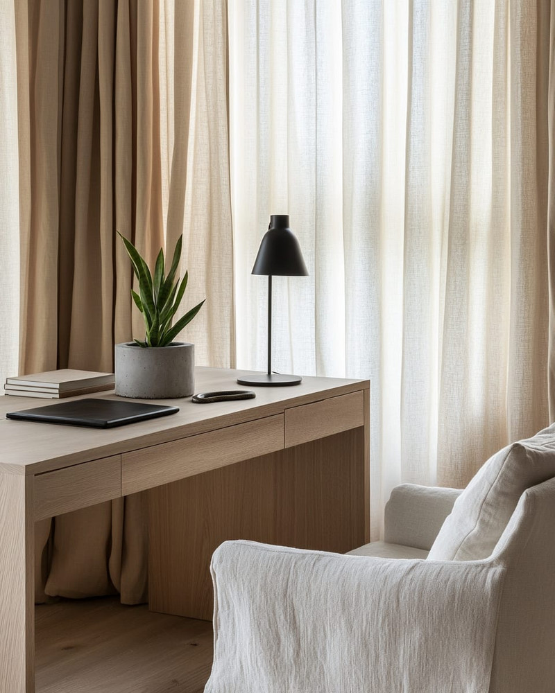 A serene Japandi home office with a pale oak desk, a minimalist matte black desk lamp, and an off-white linen armchair. Natural light streams through sheer curtains, illuminating a small snake plant in a raw concrete planter. A serene Japandi home office with a pale oak desk, a minimalist matte black desk lamp, and an off-white linen armchair. Natural light streams through sheer curtains, illuminating a small snake plant in a raw concrete planter.