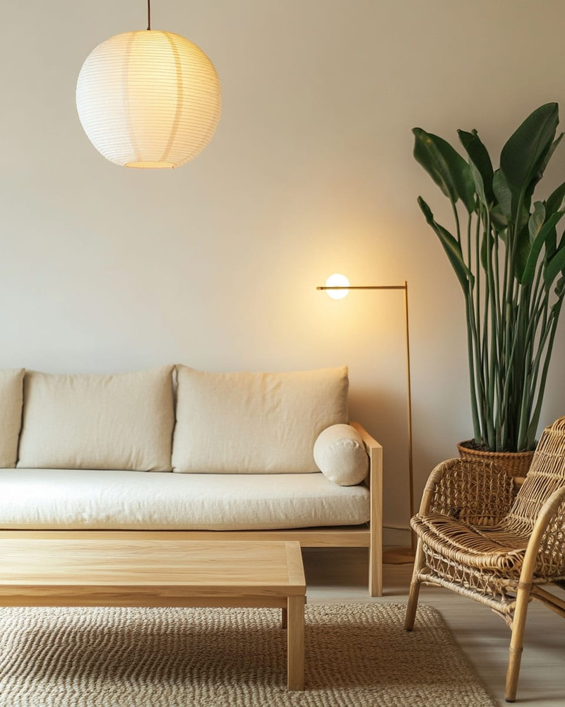 A serene Japandi basement living area with a low-profile cream sofa, a light wood coffee table, and a woven rattan armchair. Warm diffused lighting comes from a paper lantern pendant and a minimalist floor lamp, while a large snake plant in a ceramic pot adds natural greenery. A serene Japandi basement living area with a low-profile cream sofa, a light wood coffee table, and a woven rattan armchair. Warm diffused lighting comes from a paper lantern pendant and a minimalist floor lamp, while a large snake plant in a ceramic pot adds natural greenery.