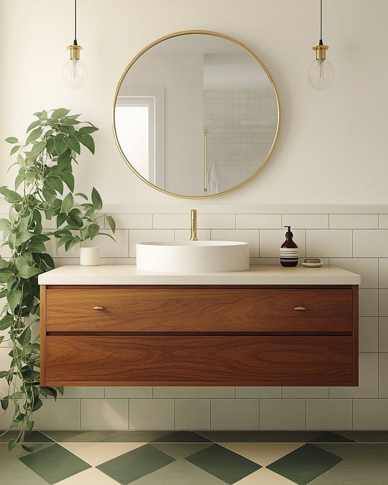 A Mid-Century Modern bathroom featuring a walnut floating vanity with an integrated white sink, brushed brass fixtures, and a large round mirror. The walls are painted a soft off-white, complemented by geometric floor tiles in muted green and cream. A trailing Pothos plant adds a touch of organic warmth. A Mid-Century Modern bathroom featuring a walnut floating vanity with an integrated white sink, brushed brass fixtures, and a large round mirror. The walls are painted a soft off-white, complemented by geometric floor tiles in muted green and cream. A trailing Pothos plant adds a touch of organic warmth.