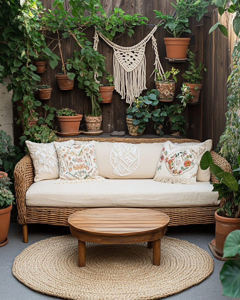A cozy boho patio featuring a low-profile rattan loveseat with cream cushions, layered with macrame and embroidered pillows. A round jute rug sits beneath a small wooden coffee table, surrounded by various potted plants in terracotta and ceramic planters, including a trailing Pothos in a macrame hanger. A cozy boho patio featuring a low-profile rattan loveseat with cream cushions, layered with macrame and embroidered pillows. A round jute rug sits beneath a small wooden coffee table, surrounded by various potted plants in terracotta and ceramic planters, including a trailing Pothos in a macrame hanger.