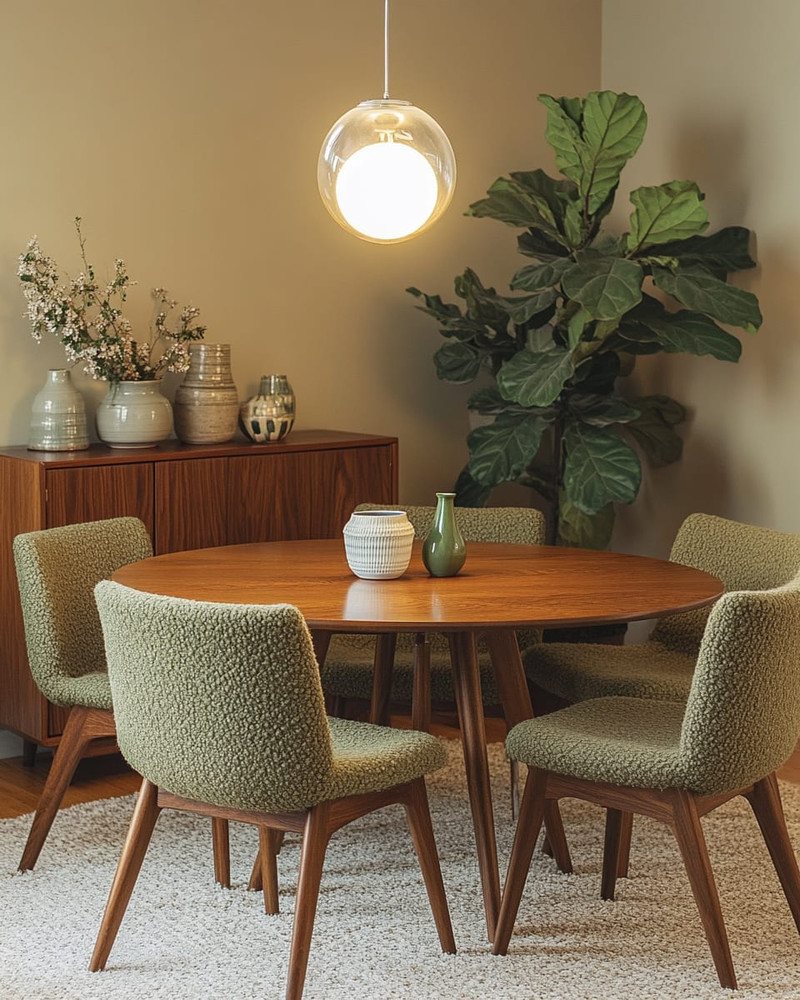 A cozy Mid-Century Modern dining room featuring a round walnut dining table with four upholstered chairs in a muted olive green boucle fabric. A George Nelson bubble lamp hangs above, casting a soft glow. A vintage teak credenza against the wall displays ceramic vases and a large Fiddle Leaf Fig plant. A cozy Mid-Century Modern dining room featuring a round walnut dining table with four upholstered chairs in a muted olive green boucle fabric. A George Nelson bubble lamp hangs above, casting a soft glow. A vintage teak credenza against the wall displays ceramic vases and a large Fiddle Leaf Fig plant.