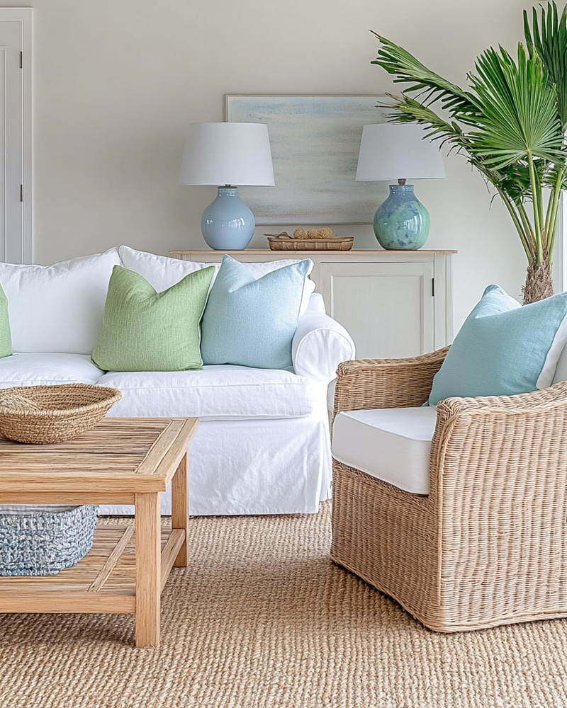 A bright coastal poolhouse interior with a white slipcovered sofa, rattan armchair, and light wood coffee table, accented with soft blue and green pillows, a jute rug, and a large potted palm plant.