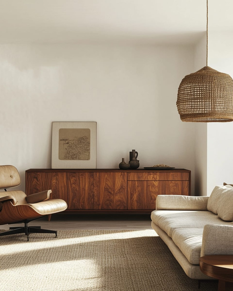 A Mid-Century Modern Craft living room featuring a walnut credenza, a low-slung sofa in natural linen, an Eames Lounge Chair, and a woven rattan pendant light, all bathed in warm, natural light.