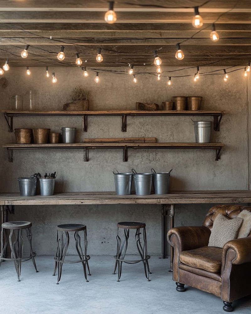 A rustic garage interior featuring exposed concrete walls, a salvaged wood workbench with metal stools, overhead string lights with Edison bulbs, and open shelving made from iron pipes and rough-sawn lumber, accented with galvanized buckets and a worn leather armchair. A rustic garage interior featuring exposed concrete walls, a salvaged wood workbench with metal stools, overhead string lights with Edison bulbs, and open shelving made from iron pipes and rough-sawn lumber, accented with galvanized buckets and a worn leather armchair.