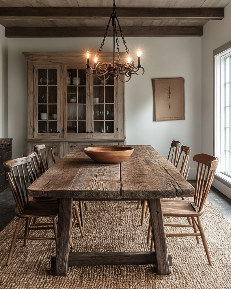 A rustic dining room featuring a large, solid reclaimed oak dining table, mismatched wooden chairs, and a natural jute area rug, illuminated by a wrought iron chandelier, with walls painted in a warm antique white. A rustic dining room featuring a large, solid reclaimed oak dining table, mismatched wooden chairs, and a natural jute area rug, illuminated by a wrought iron chandelier, with walls painted in a warm antique white.