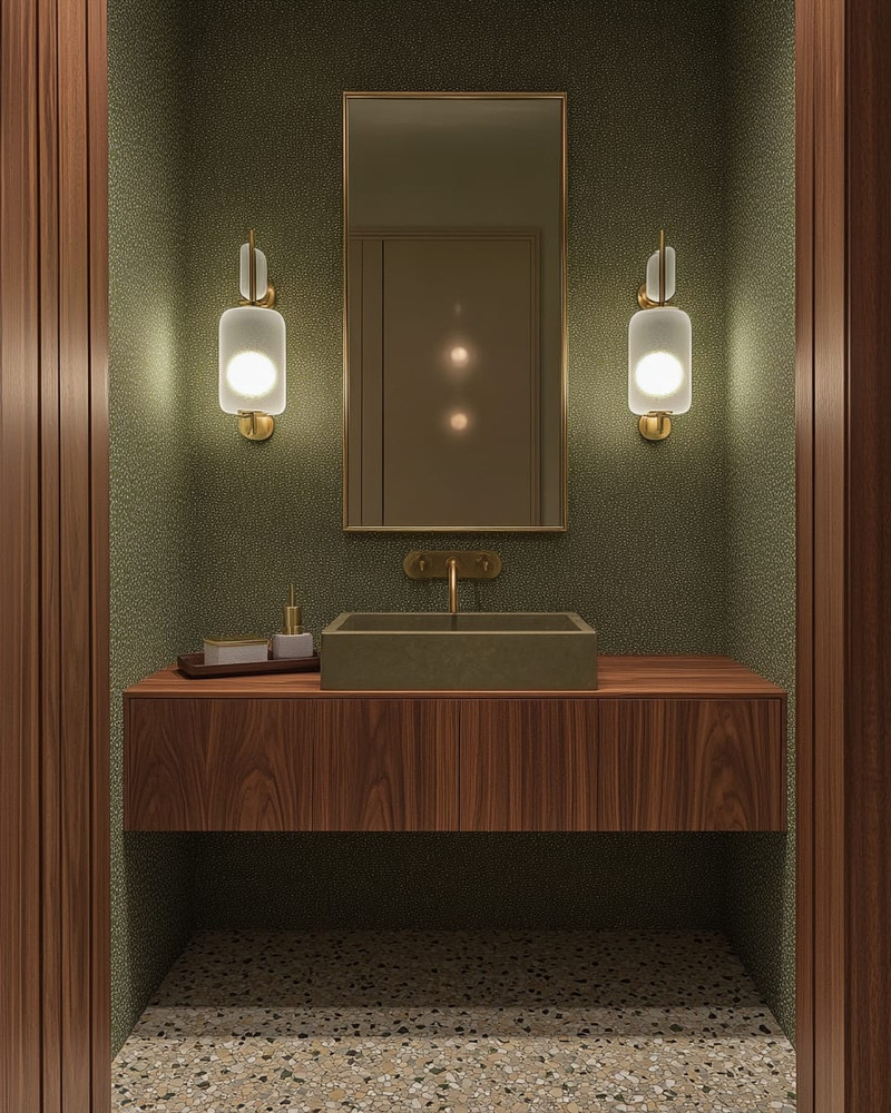 A Mid-Century Modern powder room featuring a floating walnut vanity, a small-chip terrazzo floor, and a muted olive green textured wallpaper, illuminated by brass and frosted glass sconces. A Mid-Century Modern powder room featuring a floating walnut vanity, a small-chip terrazzo floor, and a muted olive green textured wallpaper, illuminated by brass and frosted glass sconces.