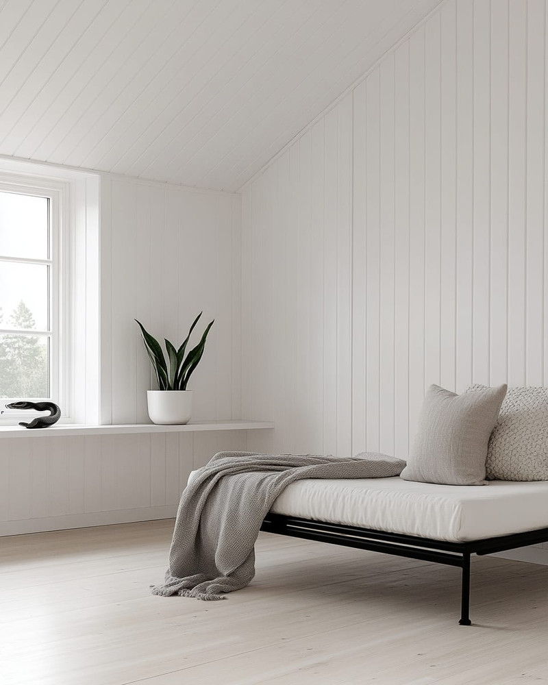 A bright Scandinavian garage loft with white walls, pale oak flooring, and a minimalist black metal frame daybed, accented with a light grey throw and a simple potted snake plant on a white floating shelf. A bright Scandinavian garage loft with white walls, pale oak flooring, and a minimalist black metal frame daybed, accented with a light grey throw and a simple potted snake plant on a white floating shelf.