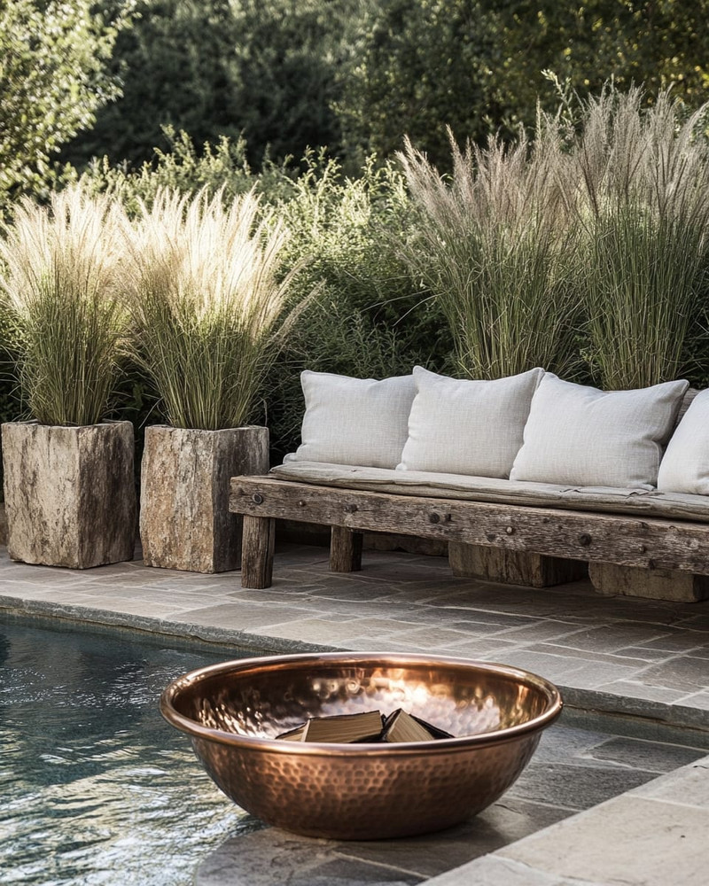 A rustic poolside area featuring a reclaimed timber bench with linen cushions, large natural stone planters filled with tall grasses, and a hammered copper fire bowl, all set against a backdrop of natural stone paving and lush greenery. A rustic poolside area featuring a reclaimed timber bench with linen cushions, large natural stone planters filled with tall grasses, and a hammered copper fire bowl, all set against a backdrop of natural stone paving and lush greenery.