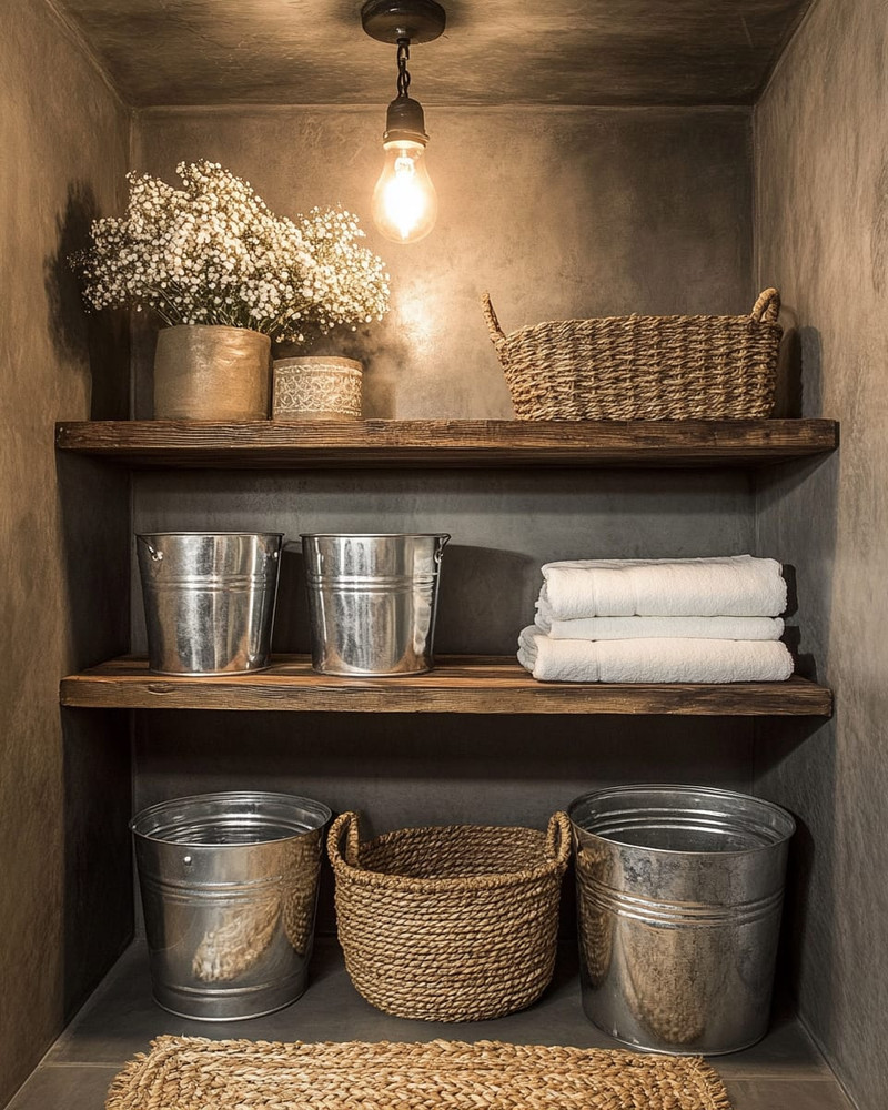 Rustic laundry room with a reclaimed wood floating shelf, galvanized metal buckets, woven rattan baskets, and a small braided jute rug on the floor, lit by a warm Edison bulb pendant. Rustic laundry room with a reclaimed wood floating shelf, galvanized metal buckets, woven rattan baskets, and a small braided jute rug on the floor, lit by a warm Edison bulb pendant.