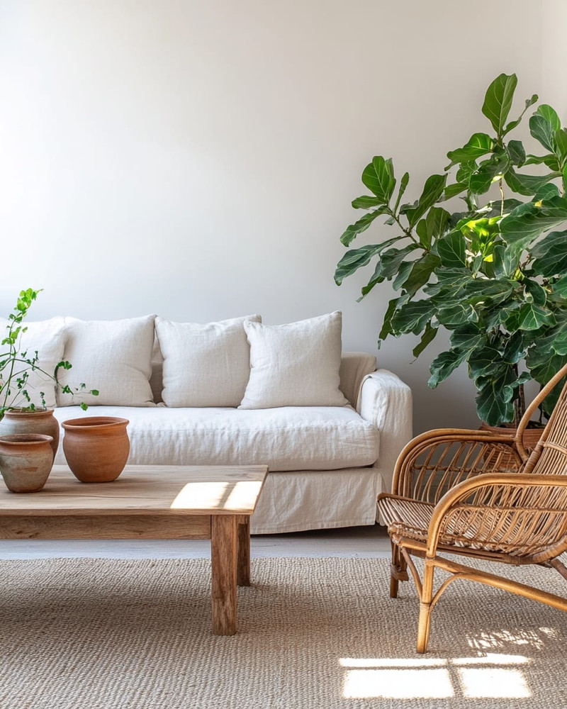 A Japandi sunroom blending vintage and modern elements, featuring a low-profile natural linen sofa, a restored vintage rattan chair, and a light wood coffee table with ceramic vessels. Large green plants in simple terracotta pots add organic life, all under abundant natural light. A Japandi sunroom blending vintage and modern elements, featuring a low-profile natural linen sofa, a restored vintage rattan chair, and a light wood coffee table with ceramic vessels. Large green plants in simple terracotta pots add organic life, all under abundant natural light.