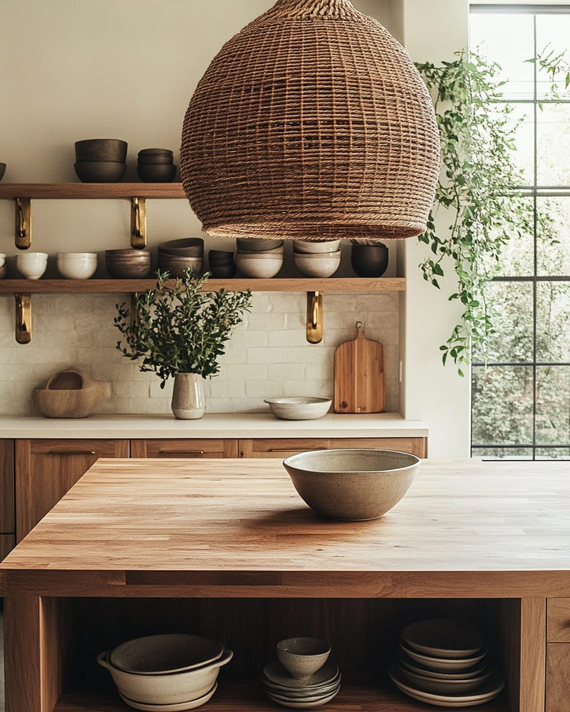 A bohemian kitchen featuring a large woven rattan pendant light above a wooden island with fresh greenery, open shelving with ceramic dishes, and warm brass fixtures creating a cozy, inviting ambiance. A bohemian kitchen featuring a large woven rattan pendant light above a wooden island with fresh greenery, open shelving with ceramic dishes, and warm brass fixtures creating a cozy, inviting ambiance.