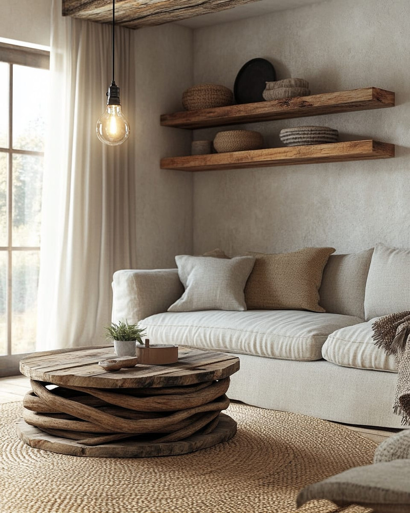 A cozy rustic living room in an apartment setting, featuring a compact linen sofa, a reclaimed wood nesting coffee table, and open shelving made from rough-hewn timber. Natural light filters through the window, illuminating jute rugs and woven wool throws, complemented by a simple pendant light with an Edison bulb. A cozy rustic living room in an apartment setting, featuring a compact linen sofa, a reclaimed wood nesting coffee table, and open shelving made from rough-hewn timber. Natural light filters through the window, illuminating jute rugs and woven wool throws, complemented by a simple pendant light with an Edison bulb.