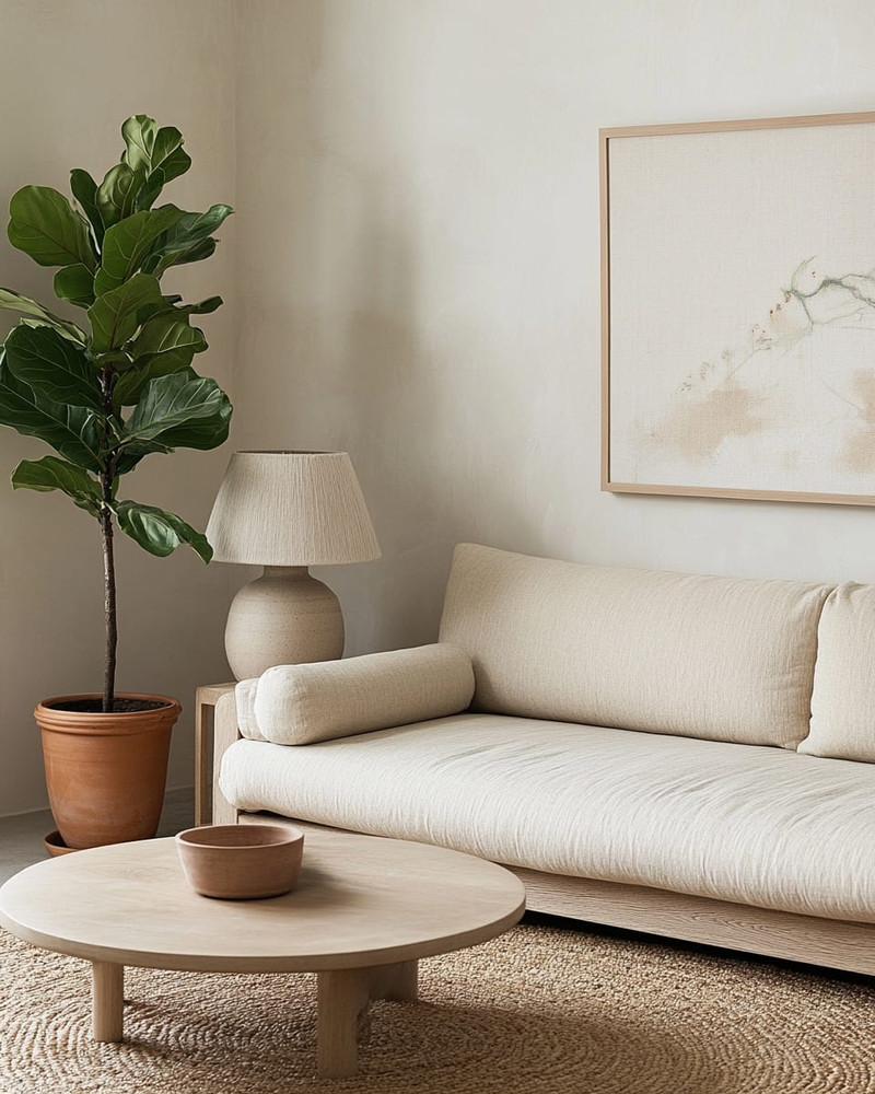 A serene Japandi great room featuring a low-slung oatmeal linen sofa, a light oak round coffee table, and a natural jute rug. Walls are painted in a soft off-white, adorned with a minimalist abstract nature print. A tall Fiddle Leaf Fig in a terracotta pot stands beside a ceramic table lamp with a linen shade, creating a calm and inviting atmosphere. A serene Japandi great room featuring a low-slung oatmeal linen sofa, a light oak round coffee table, and a natural jute rug. Walls are painted in a soft off-white, adorned with a minimalist abstract nature print. A tall Fiddle Leaf Fig in a terracotta pot stands beside a ceramic table lamp with a linen shade, creating a calm and inviting atmosphere.