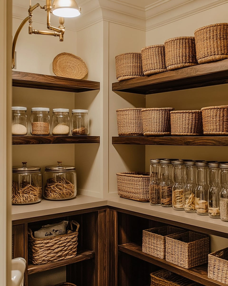 A cozy traditional pantry featuring warm cream walls, rich dark wood shelving, and a mix of woven rattan baskets and clear glass jars holding pantry staples. An aged brass semi-flush mount light fixture illuminates the space. A cozy traditional pantry featuring warm cream walls, rich dark wood shelving, and a mix of woven rattan baskets and clear glass jars holding pantry staples. An aged brass semi-flush mount light fixture illuminates the space.