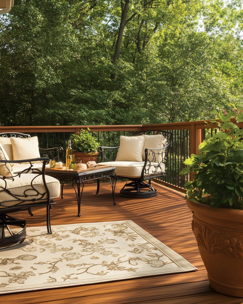 A traditional deck featuring warm-toned cedar decking and railings, wrought iron furniture with cream cushions, an outdoor rug in a natural beige, and terracotta planters filled with green foliage, all under soft, natural light.