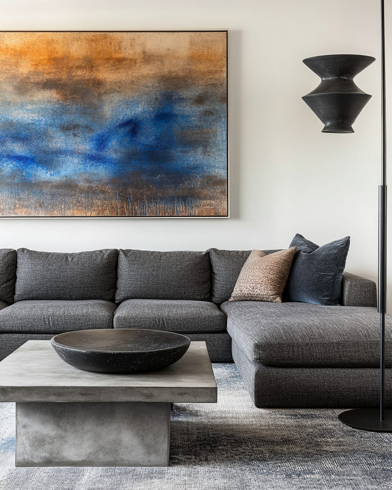 A modern family room featuring a large charcoal grey sectional sofa, a sculptural concrete coffee table, and a large abstract painting with blues and sienna tones. A tall, slender black metal floor lamp stands next to the sofa. A modern family room featuring a large charcoal grey sectional sofa, a sculptural concrete coffee table, and a large abstract painting with blues and sienna tones. A tall, slender black metal floor lamp stands next to the sofa.